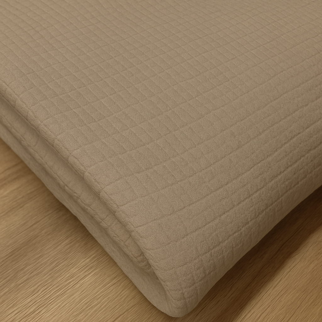 Mirabello bedsprei Brera in de kleur taupe/beige. Deze 100% katoenen bedsprei is gemaakt van heerlijk zachte katoen met een klein blokje ingeweven.